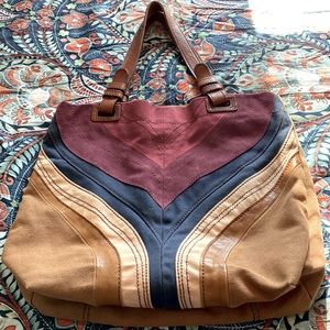 Medium sized Fossil multicolor leather, suede, and canvas shoulder bag in EUC.